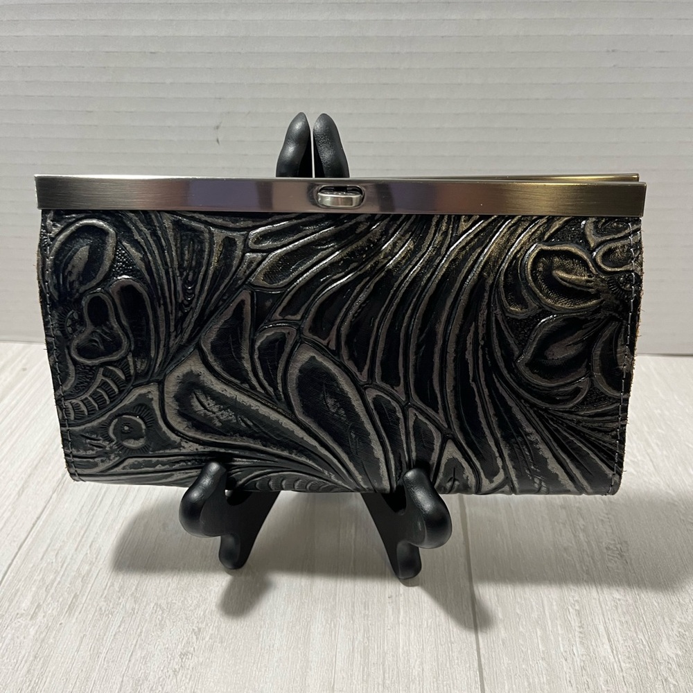Patricia Nash Tooled Black Floral Cauchy Wallet Embossed Leather Clutch